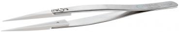 In the picture, there is a sharp, silver stainless steel tweezer. It has two sharp, elongated ends that taper to a point, and a clear, clean surface.
