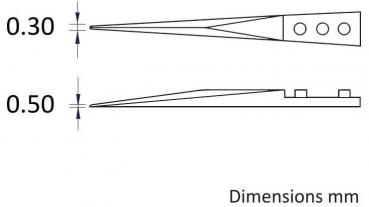The image displays technical drawings with two views of an object. The dimensions of 0.30 mm and 0.50 mm are clearly shown, along with various details and holes sketched.