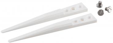 The image shows two white, pointed plastic wedges and two silver screws. Each wedge has two holes for mounting.