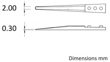 The image shows a technical drawing of an object with dimensions of 2.00 mm and 0.30 mm, as well as three holes on one side. The view is from the side and from above.