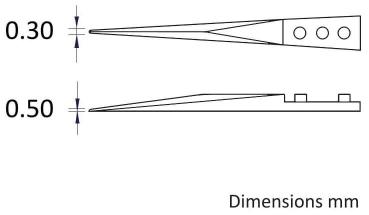 The image displays a technical drawing with two views of an object. The dimensions 0.30 mm and 0.50 mm are indicated at the top and bottom, respectively. Narrow, pointed shapes are visible.