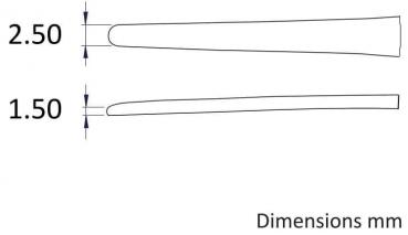 The image shows two linear shapes, one on top with a width of 2.50 mm and one on the bottom with 1.50 mm. The dimensions are listed on the left. On the right it says "Dimensions mm".