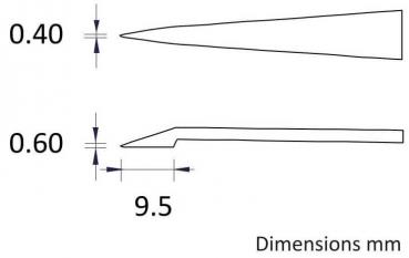 The image displays two technical drawings of tips with different dimensions. The top features a pointed shape with a width of 0.40 mm, below it another shape with a width of 0.60 mm and a length of 9.5 mm.