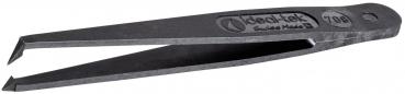 The image shows a black tweezer. It has a narrow, slightly curved shape with two pointed ends suitable for gripping small objects.