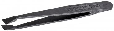 The image shows a black tweezer with one pointed and one flat tip. The surface is smooth and features a logo as well as a numerical marking. The tweezer is narrow and elongated.