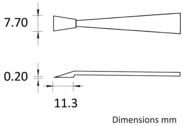 The image displays technical drawings of two tool shapes with dimensions in millimeters: a conical tip (7.70 mm) and a flat edge (11.3 mm, 0.20 mm thick).