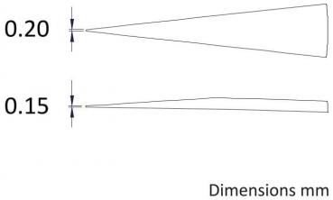 Das Bild zeigt zwei skizzierte Formen. Oben eine konische Form mit der Breite von 0,20 mm, unten eine flachere Form mit 0,15 mm. Links sind Maßangaben. Rechts steht "Dimensions mm".