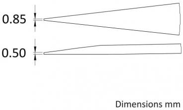 The image shows two conical shapes with different tips: the top one has a width of 0.85 mm, the bottom one 0.50 mm. Next to the shapes it reads "Dimensions mm".