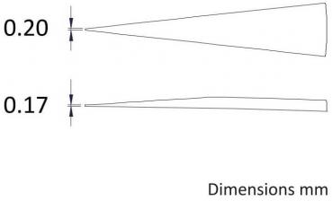 Das Bild zeigt zwei gemessene Linien. Die obere Linie hat eine Dicke von 0,20 mm und verjüngt sich, während die untere Linie 0,17 mm dick ist und weniger konisch geformt.