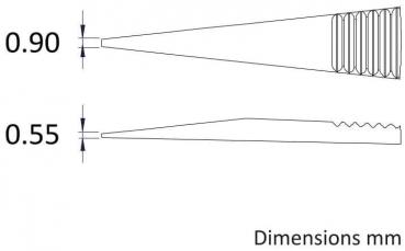 Das Bild zeigt zwei konische Objekte mit unterschiedlichen Durchmessern: oben 0,90 mm, unten 0,55 mm. Der obere hat gleichmäßige Rillen, der untere ist glatt mit einer gezackten Kante.