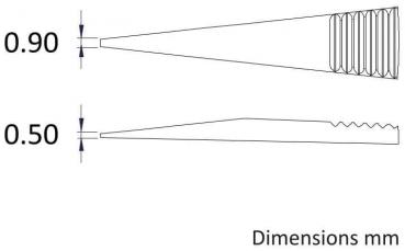 Das Bild zeigt zwei konische Formen mit Maßen: Oben ist eine spitze Form mit 0,90 mm, unten eine ähnlich geformte, aber mit Rillen, die 0,50 mm misst. Beide sind in Millimetern dimensioniert.
