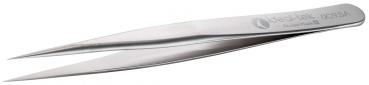 The image shows a silver tweezer with long, narrow tips. The surface is smooth and shiny. A brand name is embossed on the side. The tweezer lies flat on a white surface.