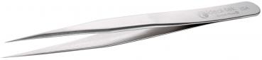 The image shows a sharp, silver metal tweezer. It has two thin, elongated arms that come together at one end and taper off at an angle.