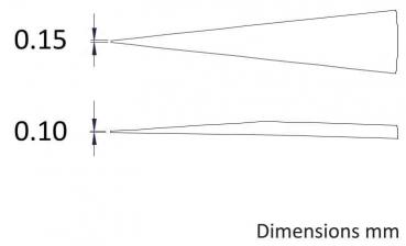 The image shows two narrow, conical shapes. The top shape has a width of 0.15 mm, and the bottom one has a width of 0.10 mm. The dimensions are indicated next to the shapes.
