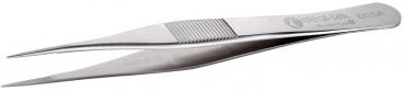 The image shows a simple, silver metal tweezer. It has two long, plain tips and a textured area for better grip at one end.