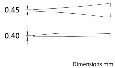 The image displays two thin, conical shapes each accompanied by a measurement in millimeters: 0.45 mm at the top and 0.40 mm at the bottom, with clear lines and no colors.