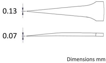 Das Bild zeigt zwei spitze Formen, die unterschiedliche Durchmesser haben: oben 0,13 mm und unten 0,07 mm. Beide Formen sind schematisch und nebeneinander angeordnet.