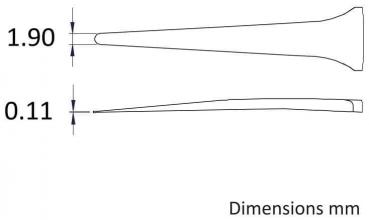 Das Bild zeigt eine technische Zeichnung mit zwei langen, spitzen Linien, die unterschiedliche Abmessungen in Millimetern angeben: eine Länge von 1,90 mm und eine Breite von 0,11 mm.