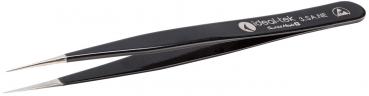 The image shows a narrow, black tweezer with pointed tips. It is slim and slightly curved, with a fine texture for better grip. Ideal for precise tasks.
