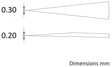 The image displays two geometric shapes: at the top, a conical shape with a width of 0.30 mm, and at the bottom, a narrower shape measuring 0.20 mm. Both include dimensions.