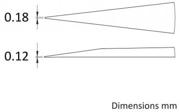 Das Bild zeigt zwei skizzierte Objekte, eines mit einer Breite von 0,18 mm und das andere mit 0,12 mm. Beide haben einen schmalen, konischen Verlauf und sind schematisch dargestellt.