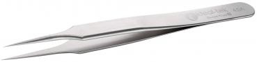 It is a silver tweezers with two pointed, narrow gripping surfaces. The surface is smooth and shiny, and it has a slight curve in the middle. Ideal for gripping small objects.