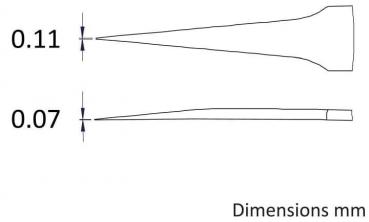 The image displays two shapes arranged one below the other. The top shape is pointed with a width of 0.11 mm, and the bottom shape is narrower at 0.07 mm. On the right, it says "Dimensions mm".
