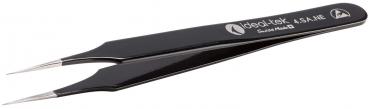 The image shows a black tweezer with fine, pointed tips. It is sleek and smooth, with an engraved brand on the side. Ideal for precise gripping.