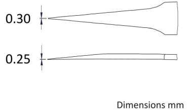 The image displays two technical drawings of pointed objects, dimensioned in millimeters. The top features a pointed object at 0.30 mm, and the bottom one at 0.25 mm.