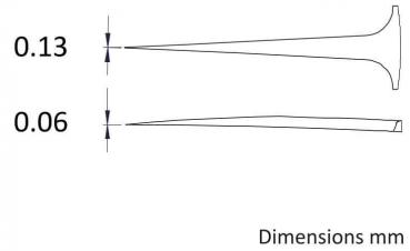 The image displays two elongated shapes with varying diameters, tapered at the ends. Beside them, the measurements 0.13 mm and 0.06 mm are indicated. Below it reads "Dimensions mm".