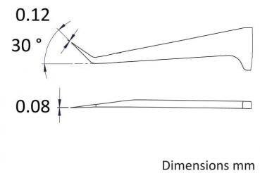 The image displays technical drawings with lines and dimensions. There is an angle of 30 degrees and two length measurements: 0.12 mm and 0.08 mm, marked.
