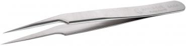The image shows a classic stainless steel tweezer. It has two long, narrow pincers that converge at one end and are slightly curved. Surface shiny and smooth.