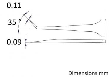 The image displays technical drawings of an object with precise measurements. Two views are shown: a side view and a top view. Dimensions are in millimeters.