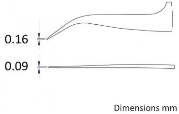Das Bild zeigt zwei dünne, parallele Linien mit einer Maßangabe. Die obere Linie hat eine Höhe von 0,16 mm, die untere von 0,09 mm. Rechts steht ?Dimensions mm?.