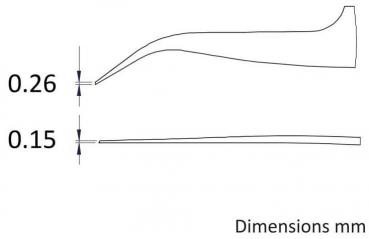 Das Bild zeigt eine Skizze mit zwei Linienprofilen. Die obere Linie hat eine Höhe von 0,26 mm, die untere Linie eine von 0,15 mm. Rechts steht ?Dimensions mm?.