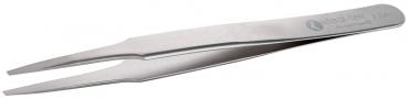 The image shows a straight, metallic tweezer. It has two pointed ends that come together, and a flat handle. The surface is shiny and smooth.