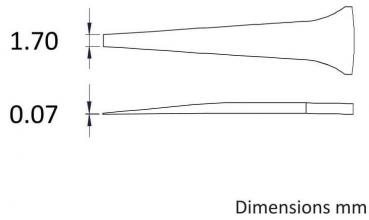 The image displays a technical drawing with two described objects. The upper one has a width of 1.70 mm and the lower one a width of 0.07 mm. Both are elongated and taper to a point.