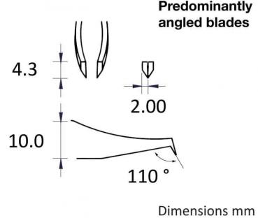Das Bild zeigt eine technische Zeichnung von spitzen, überwiegend schrägen Klingen. Angaben zu den Abmessungen sind in Millimetern angegeben: 4,3, 2,0 und 10,0 mm sowie ein Winkel von 110°.