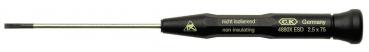 The image shows a slim, black screwdriver with a long, thin blade and a sturdy handle. The handle has a comfortable shape for better grip.