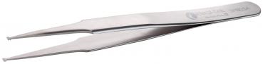 The image shows a metallic tweezer with narrow, pointed tips. It is shiny and has an elongated shape that narrows in the middle. The tips are slightly curved.