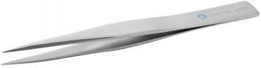 The image shows a silver metal tweezer. It has two long, narrow tongs that taper and meet at the tips. One side of the tweezer has fine grooves for better grip.
