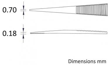 The image shows two comb shapes with different dimensions: above, a comb with a width of 0.70 mm and below, a comb with 0.18 mm. Both are depicted in a sketchy manner.
