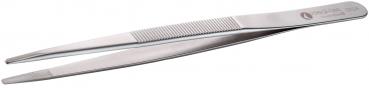 The image shows a straight tweezer made of shiny stainless steel. It has a pointed, narrow shape and a ridged surface for better grip. Ideal for grasping small objects.