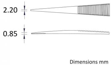 The image displays two comb profiles with different widths: Top 2.20 mm, bottom 0.85 mm. Both combs are narrow and feature serrated and smooth teeth.