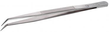 The image shows a narrow, silver metal tweezer. It has two pointed gripping surfaces at one end and a smooth surface on the other side. The tweezer has a simple design.