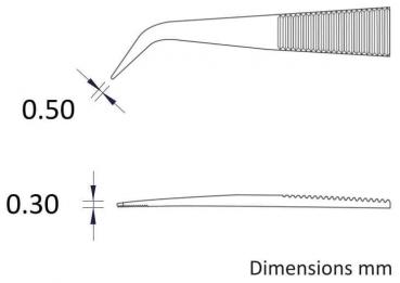 The image shows two different tools or objects, schematically represented. Similar shapes, difference in width and texture. Dimensions in millimeters are provided.