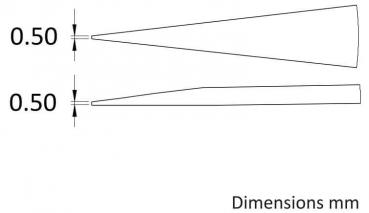 Das Bild zeigt zwei schmale, konische Formen. Beide haben die gleiche Breite von 0,50 mm an der Basis, aber unterschiedliche Längen und Spitzenformen. Die Maße sind als Zahlen angegeben.