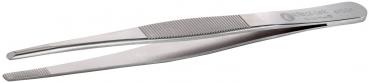 The image shows a metallic tweezer. It has two long, narrow tips that come to a sharp point at the top. The surface is smooth, with a ridged texture for better grip.
