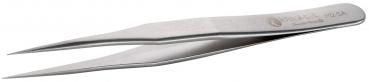 The image shows a straight, narrow tweezer made of stainless steel. It has two pointed ends that converge. The surface is shiny and has a simple, ergonomic shape.