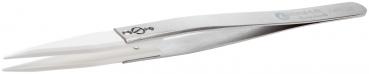 In the image, a silver tweezer is visible. It has a narrow, twisted shape with two long, pointed tips and a flat handle. The surface appears shiny and smooth.